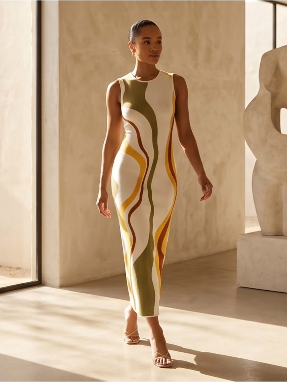 MINKPINK Olive, Cream & Mustard Wave-Print Maxi Dress
